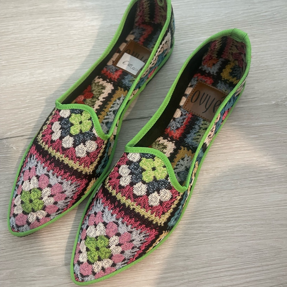 Green and Pink Embroidered Flats